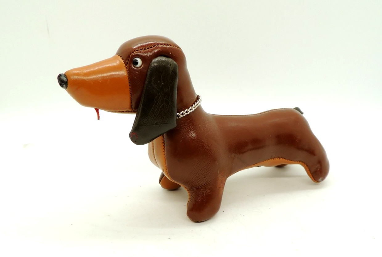 Vintage Leather Dachshund Weiner Dog Toy Tomi Tommy Japan MCM Toy Dog Stuffed