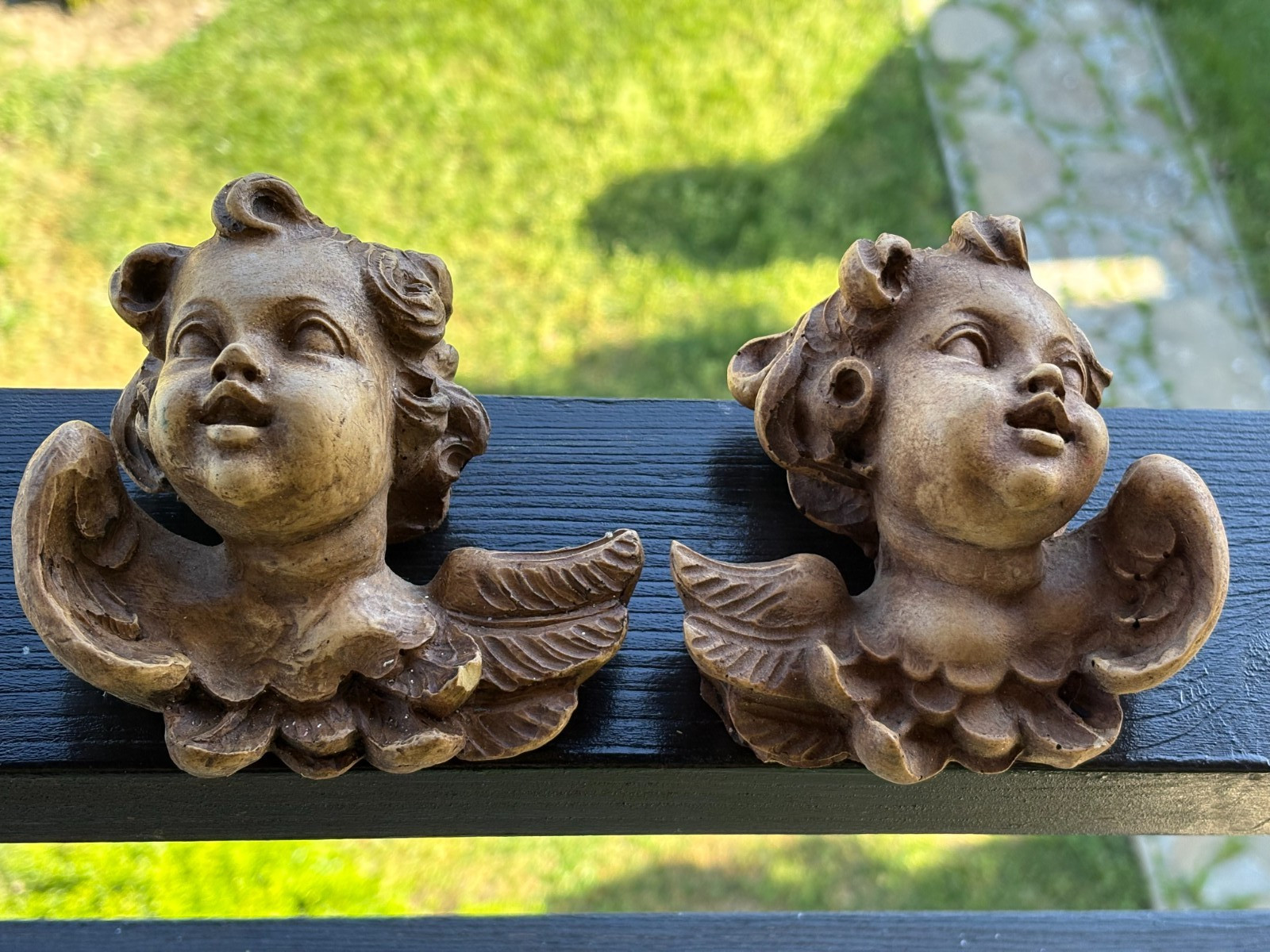 Vintage Cherub Angel Wall Plaques Wood Carved Pair Putti Antique