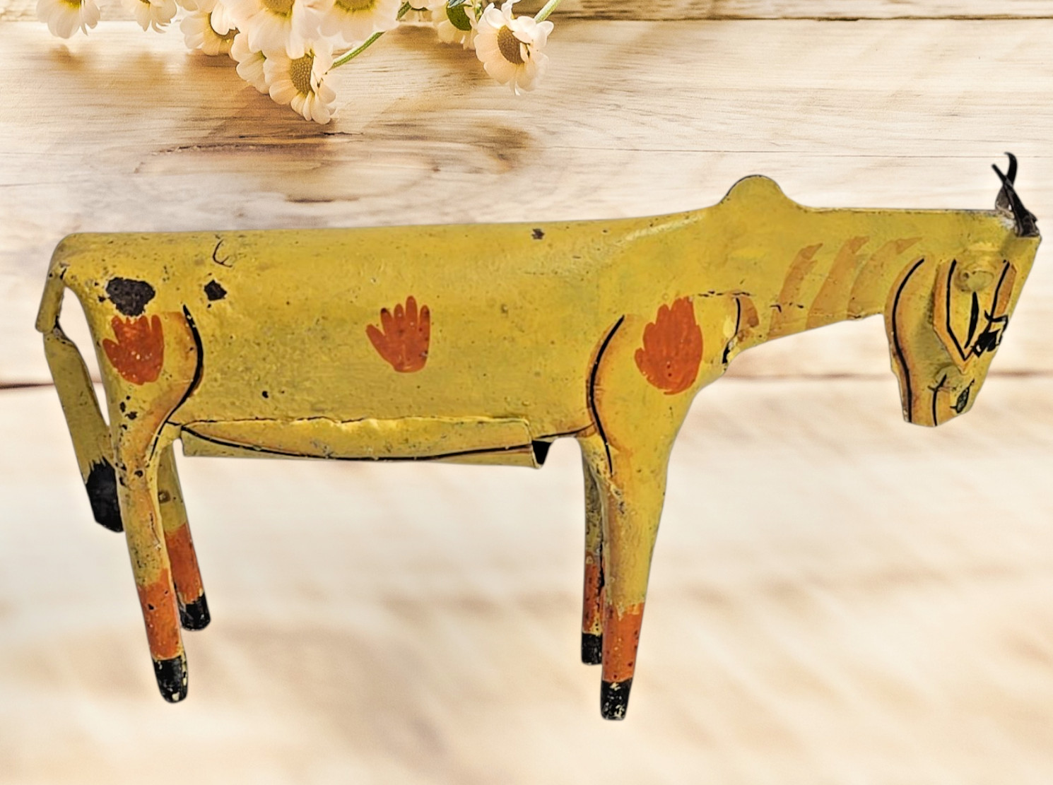 Vintage Mid 20th Century Beautiful Hand Painted Horse Donkey Metal Toy Statue 8″
