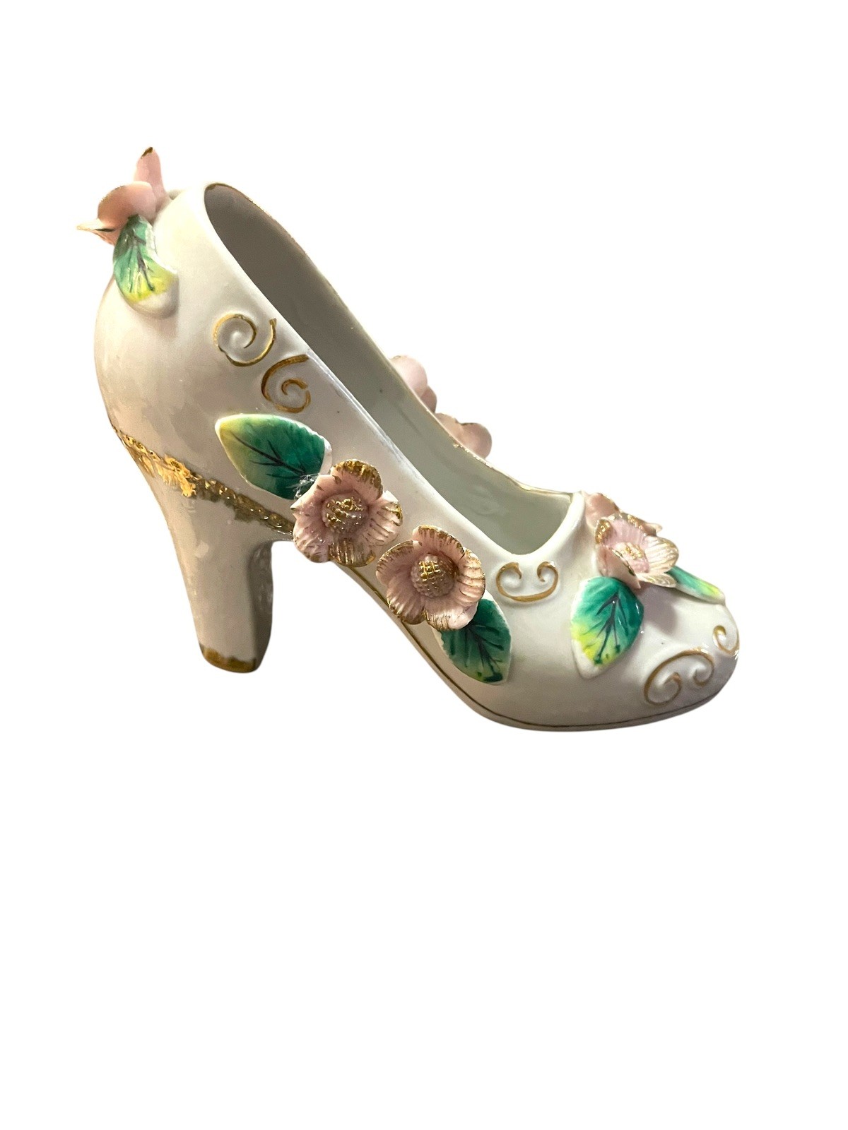 Vintage Mini High Heel Shoe Figurines Glass & Floral Porcelain Set Of 2