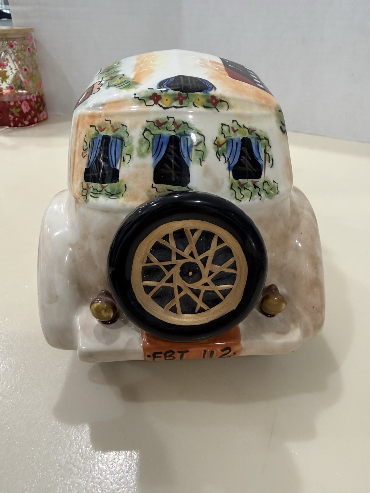 Vintage Hand-Painted Ceramic Car Sculpture Italian Café Bistro Scene Décor