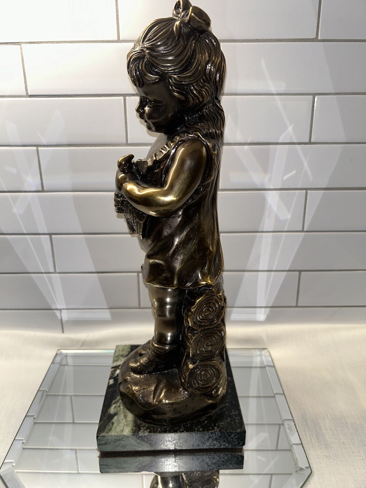 Antique Signed Alexander Doyle Bronze Sculpture of Young Girl W/ Bird 13” 10 lbs
