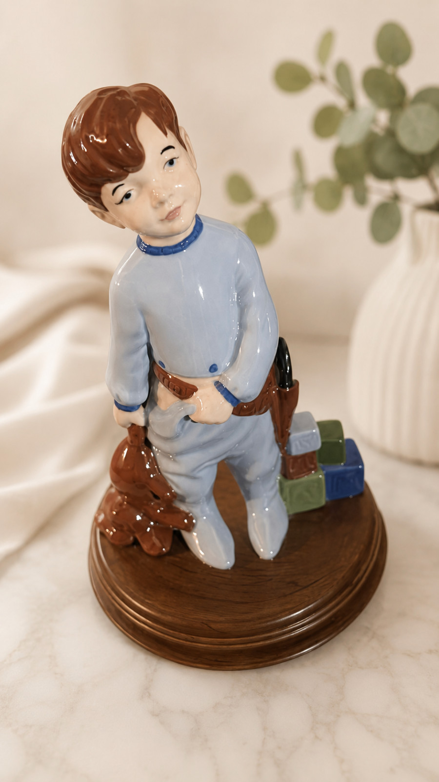 Vintage Atlanta Mold Boy in Pajamas Figurine Music Box Toy Blocks Teddy Bear