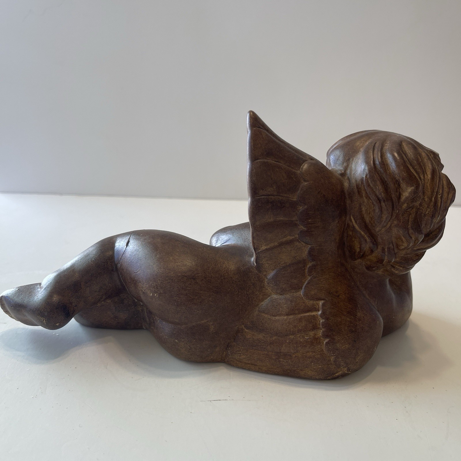 Vintage Reclining Cherub Angel Statue Ceramic Religious Decor Patina