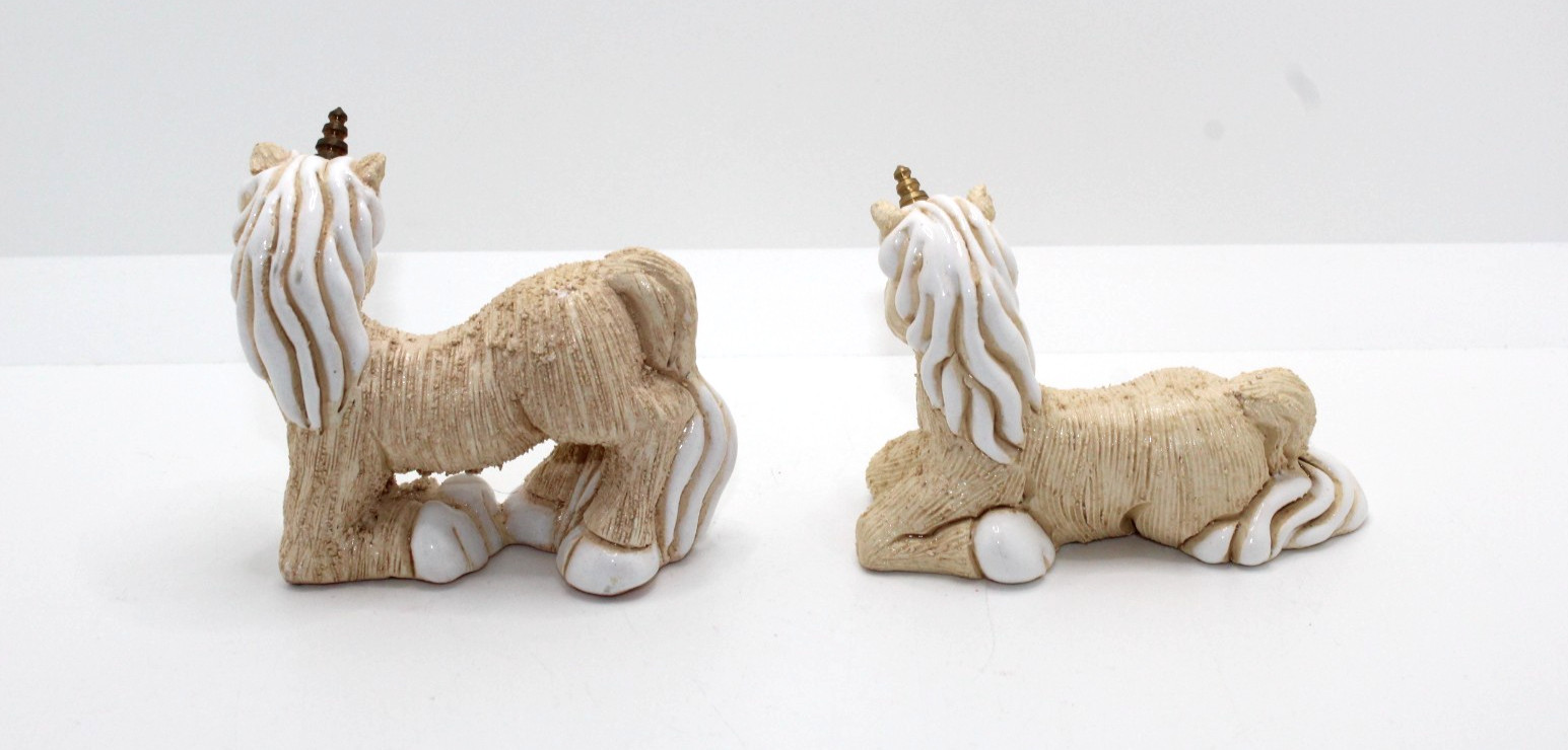 Artesania Rinconada Clay Unicorns Set Kneeling & Laying Unicorn Brass Horn
