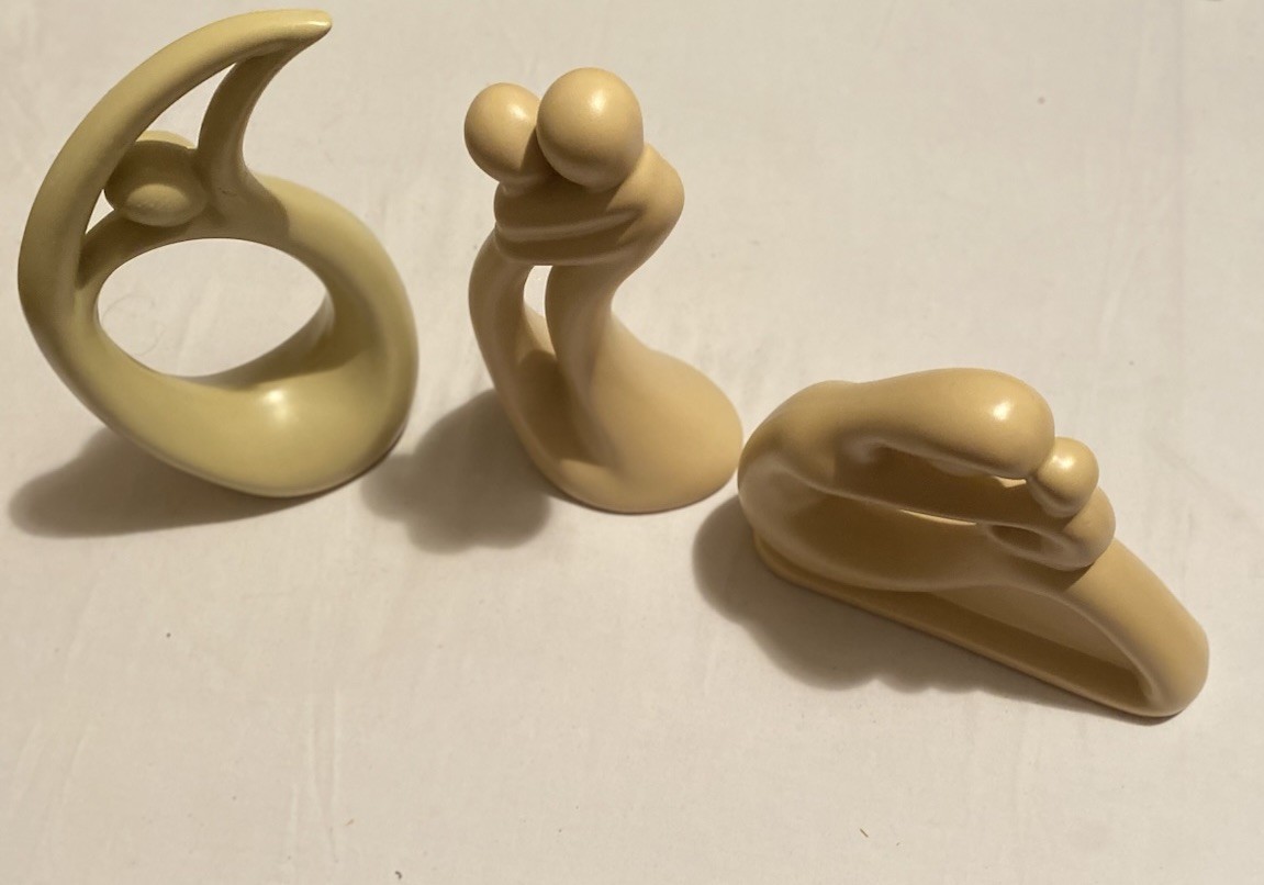 Set Of 3 Ceramic Family Themed Beige Figurines Man Woman-Mother Child-Self