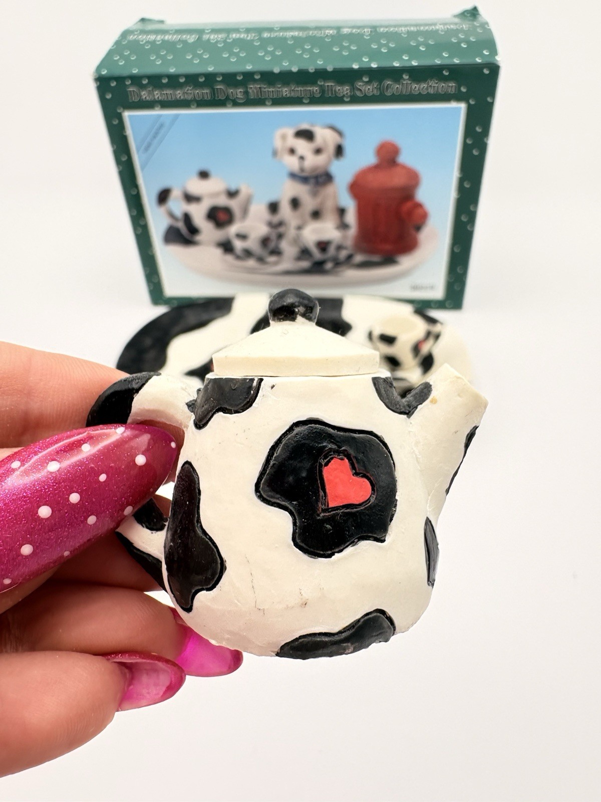 Vintage Dalamation Dog Miniature Tea Set Collection 1995 2.25″ IN BOX (30229)