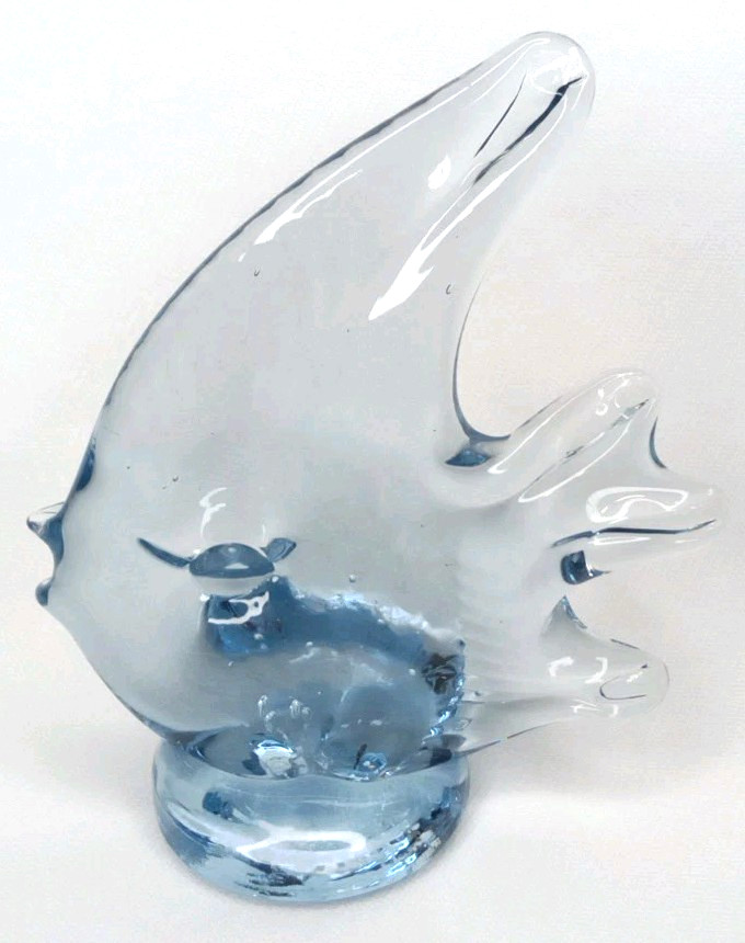 Vintage Blue Glass Angel Fish Paperweight Collectible Figurine