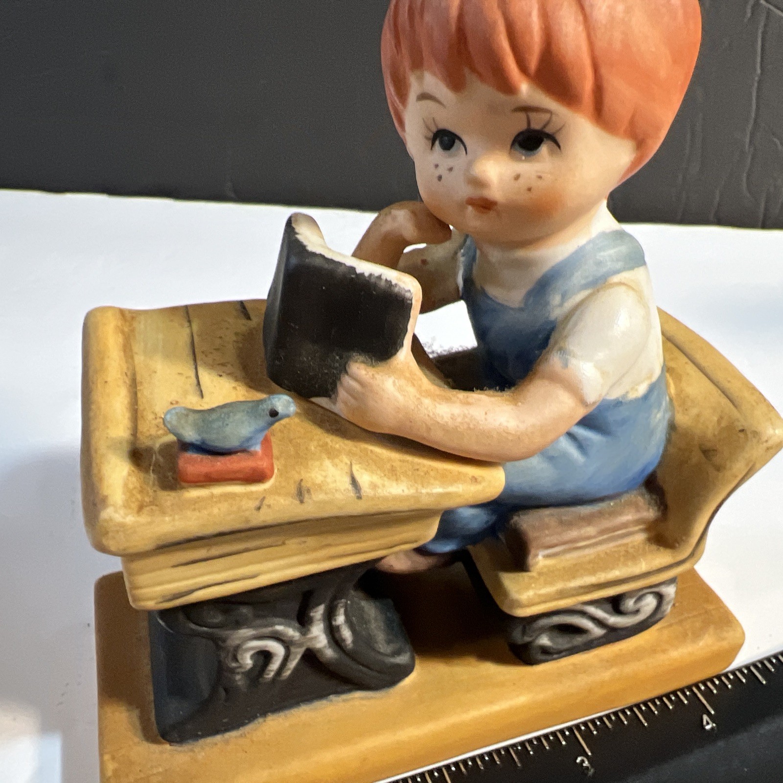 Treasures master vintage porcelain Red Hair kid at desk w/ bird and a book