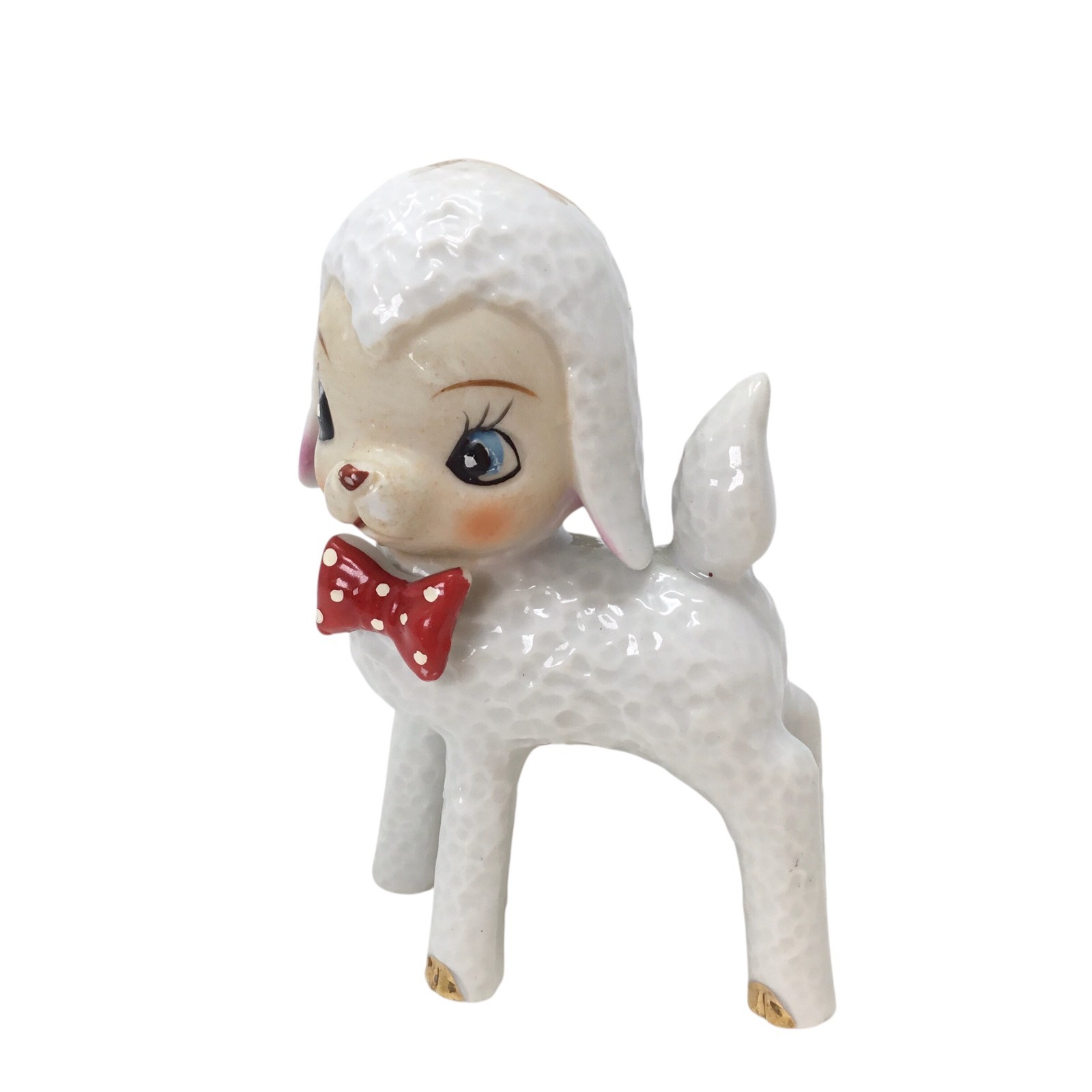 Vintage Athropomorphic White Lamb Red Bow Tie Figure Figurine Japan MCM 50s 60s