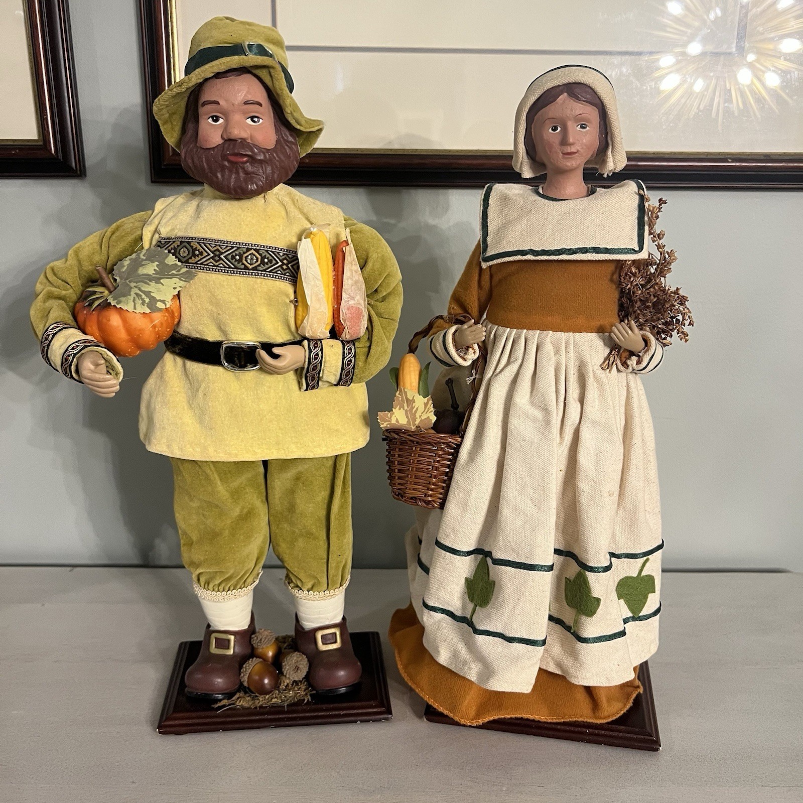 Handcrafted Folk Art Pair Of Pilgrim Figures 16″ Tall Papier Mache and Fabric