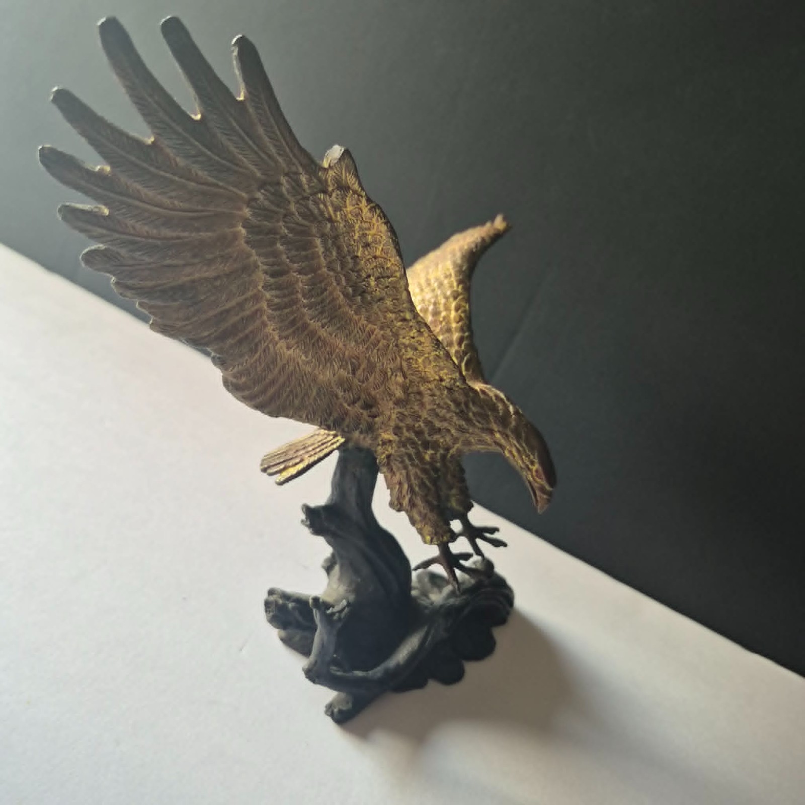 Solid Bronze Eagle Sculpture Hunting/Launching From Branch 8″ Heavy 3 lbs Patina