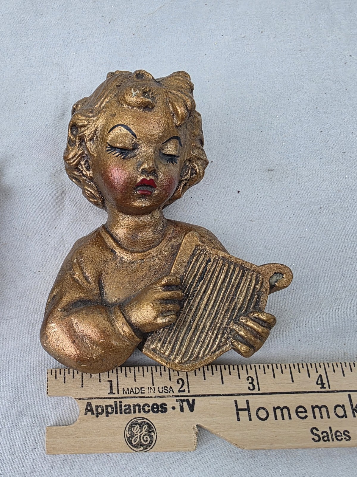 Vintage Musical Cherub Angels(2) MCM Gold Plaster Chalkware Hanging Wall Decor