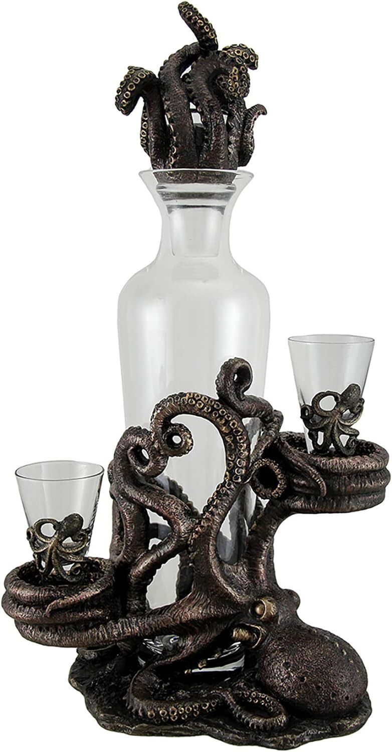 Octopus Spirit Decorative Antique Bronze Finish Statue and Glass Decanter Set