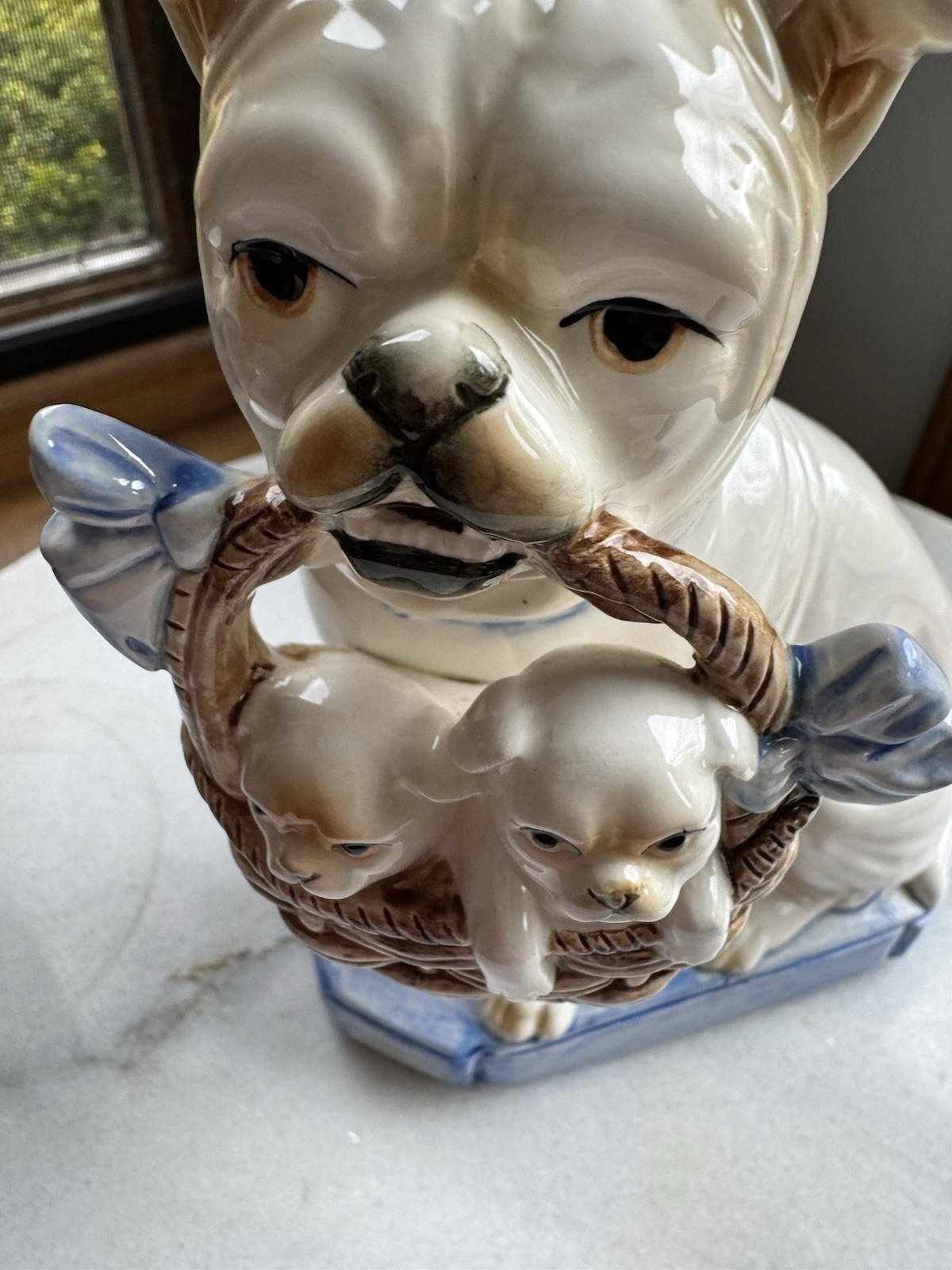 Vintage Fitz & Floyd Porcelain Pug Bull Dog Basket Puppies Figurine Label