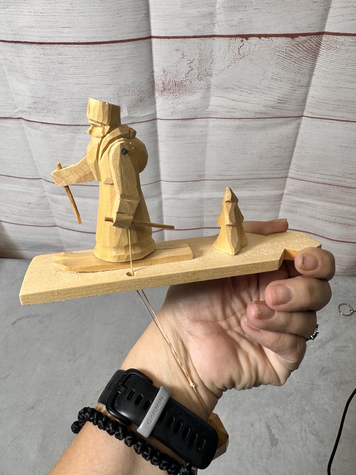 Russian Hand Carved Wood Moveable Skier Folk Art Wood Toy Primitive/Rustic