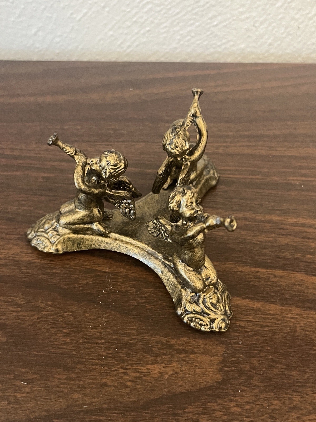 Vintage Antique Brass Figure with 3 Musical Cherub Angels Playing Horns Pedestal
