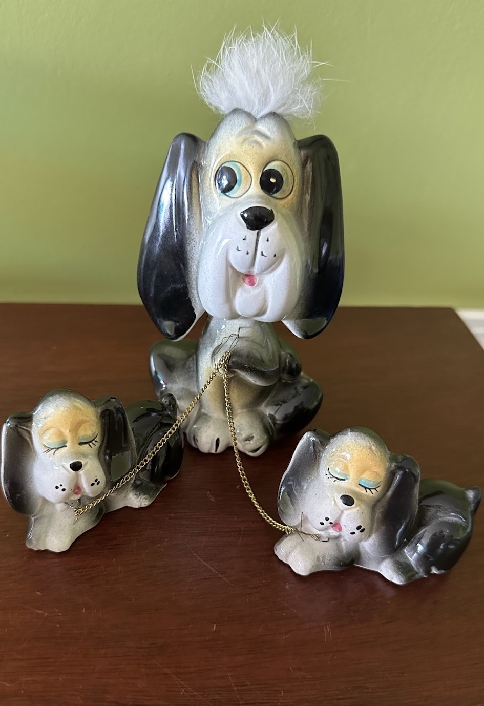 Vintage Kitsch Anthropomorphic Hound Dog with Sleeping Puppies Figurines MCM