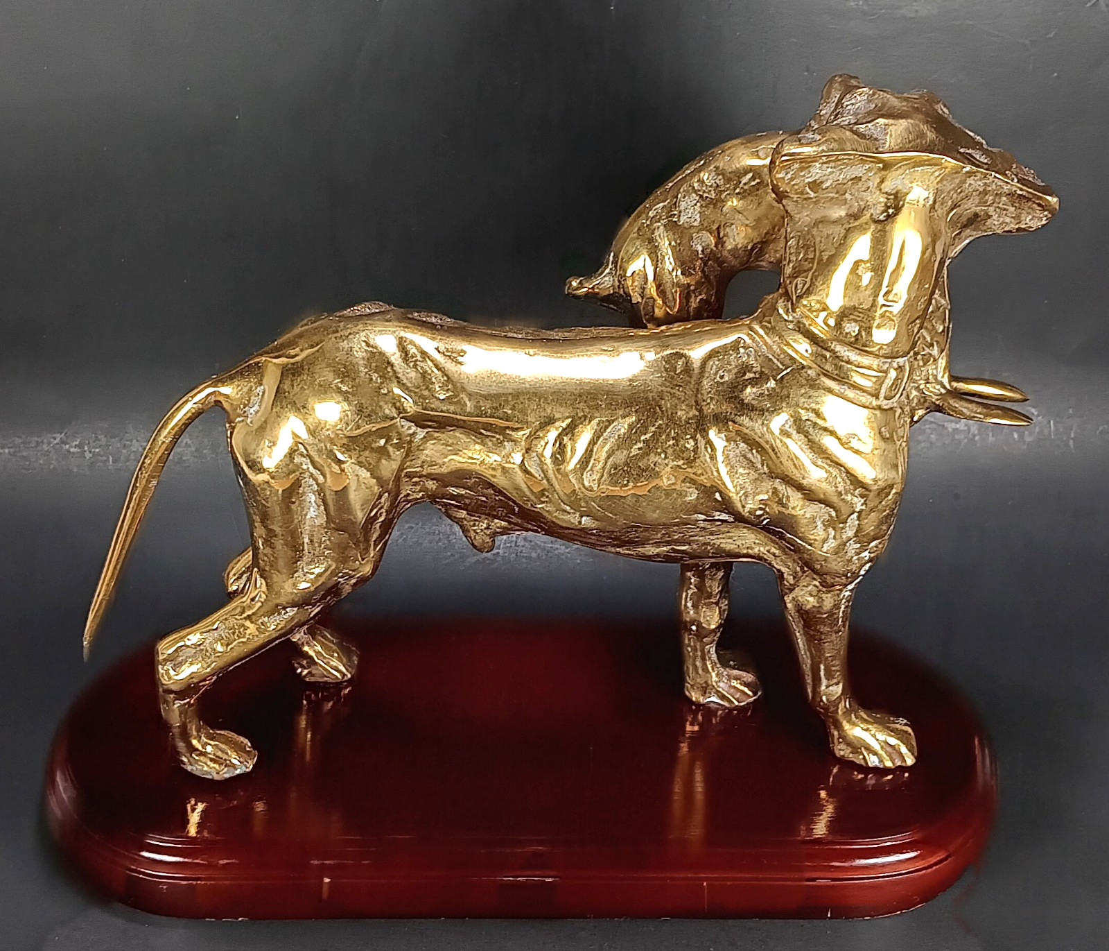Brass Hunting Dog Statue w/Hare Rabbit Sculpture on Wood Base Vintage
