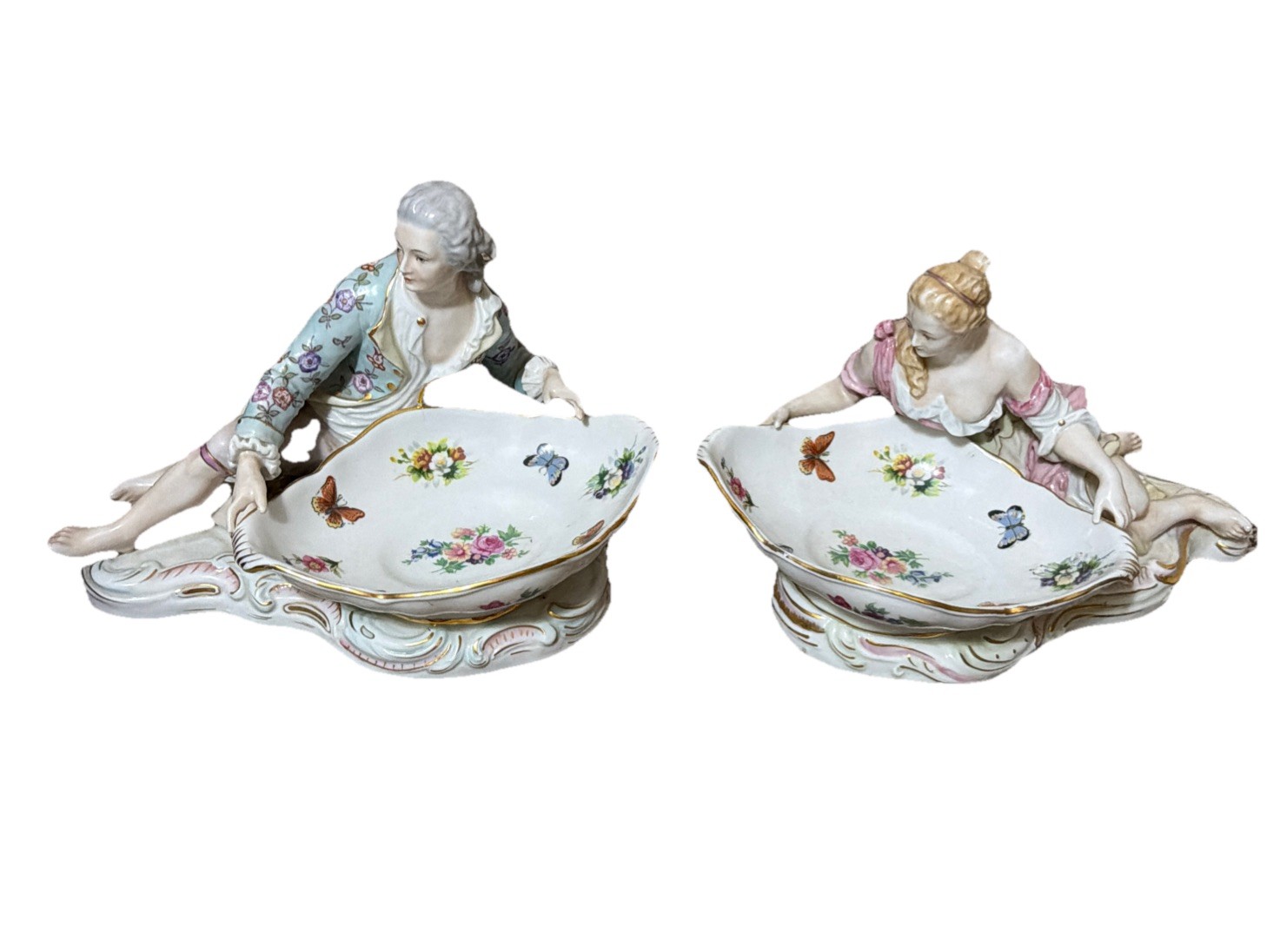 1977 Porcelain Figurine Statues Pair Sweetmeat Dishes Meissen Like Homco