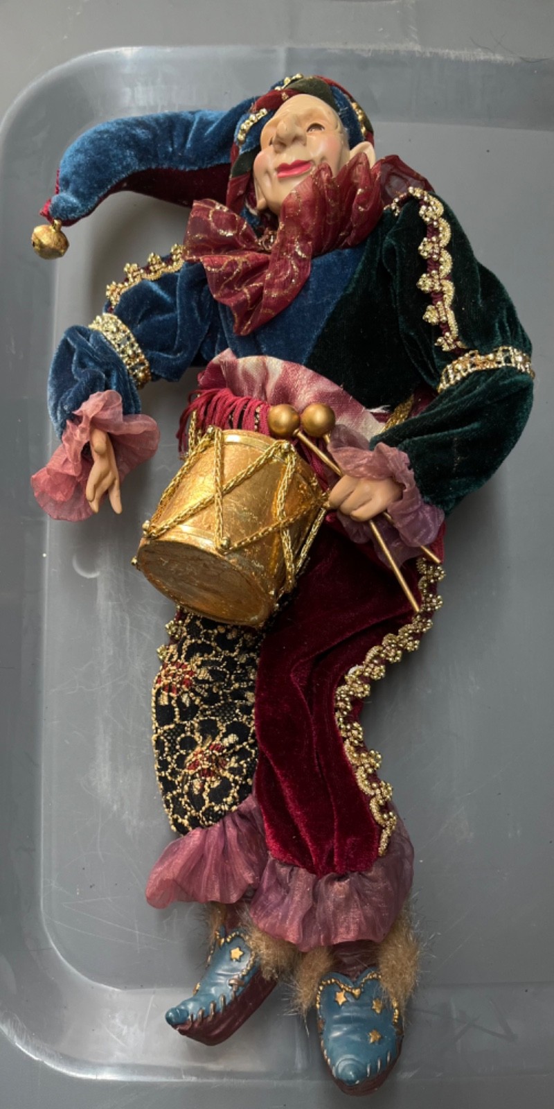 Vintage Jester Elf Ornament Shelf Sitter Victorian Fancy Blue Green Gold 14”