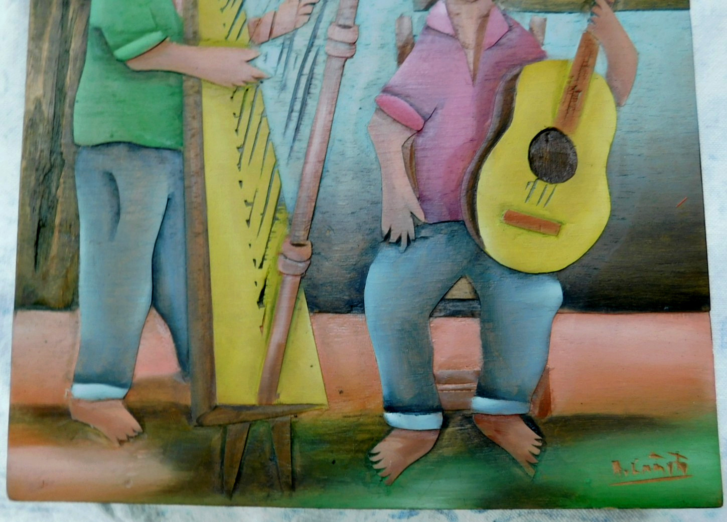 VERY WELL HAND CARVED AND PAINTED SIGNED WOODEN ART WORK