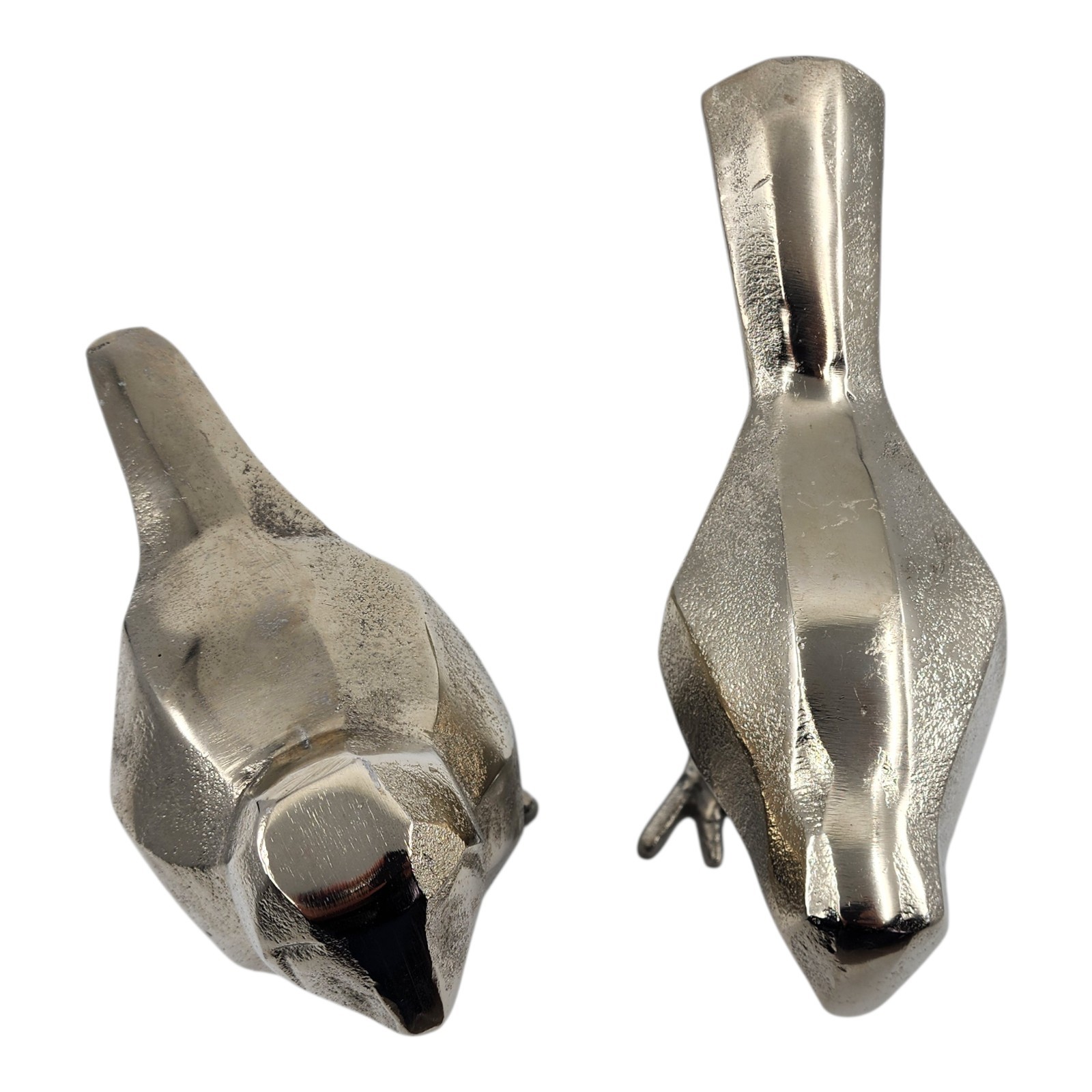 Cast Metal Pair of Decorative Geometric Silver Birds Minimalist Nature Object