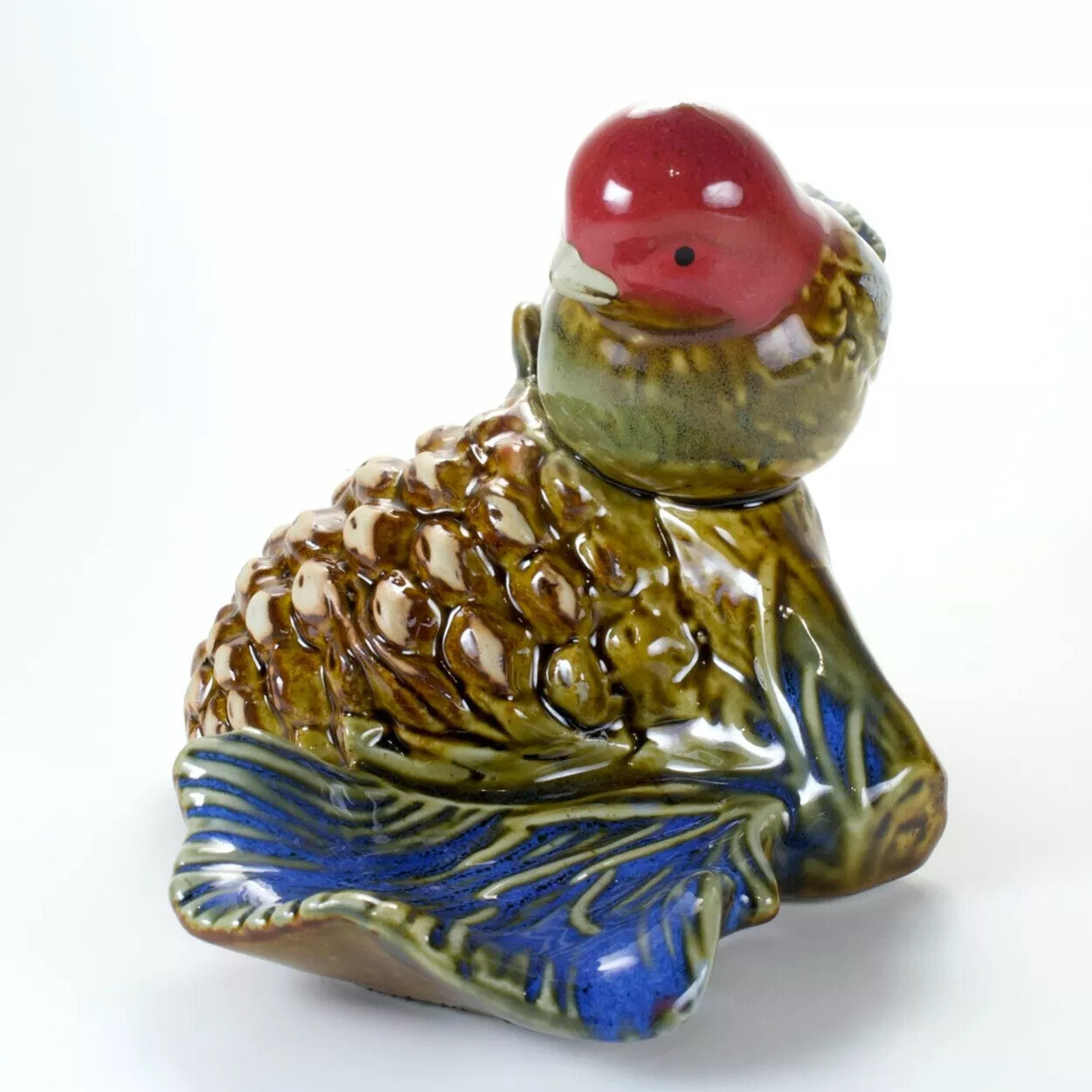 Colorful Redhead Bird on Pinecone Figurine Ring Holder Birder Gift Shiny Ceramic