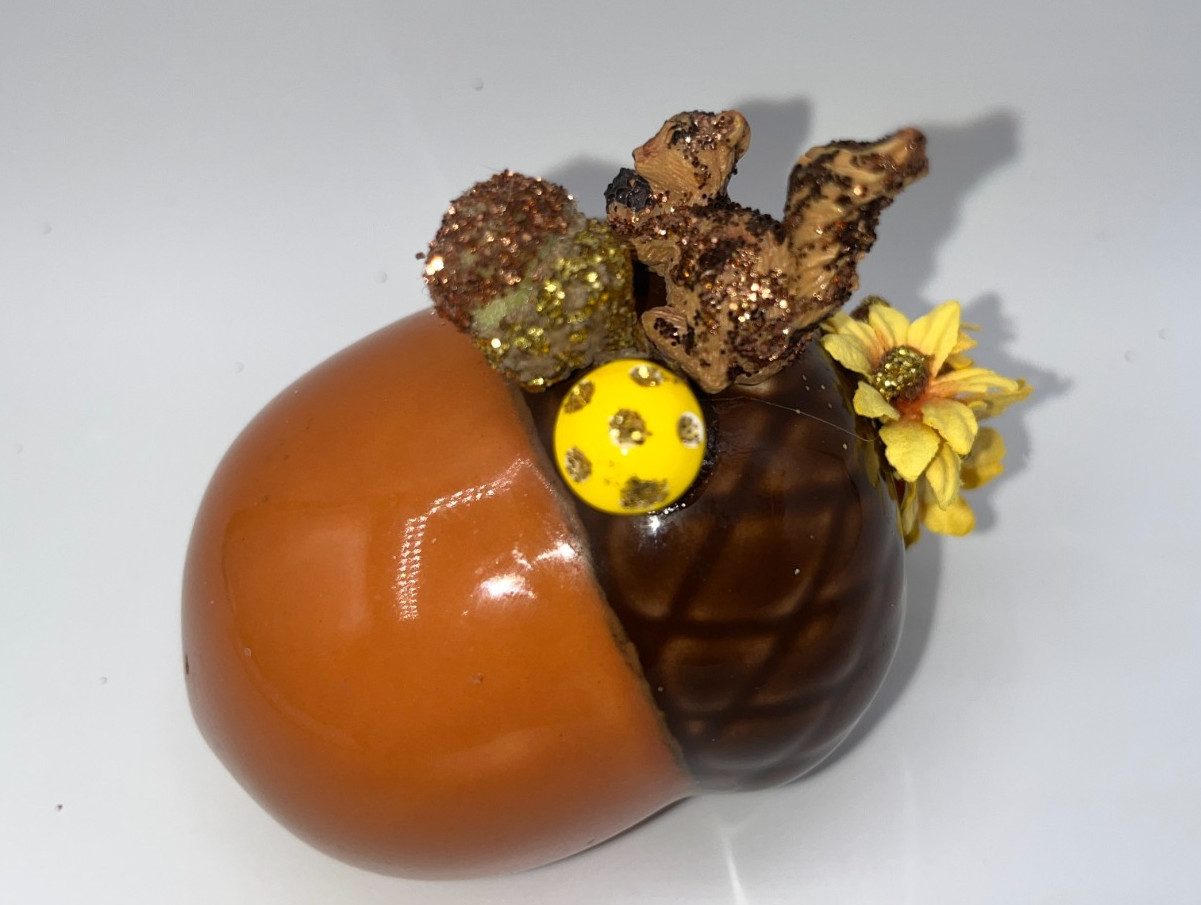 Vintage Ceramic Piece with Squirrel Eating An Acorn & mini mushroom flower OOAK