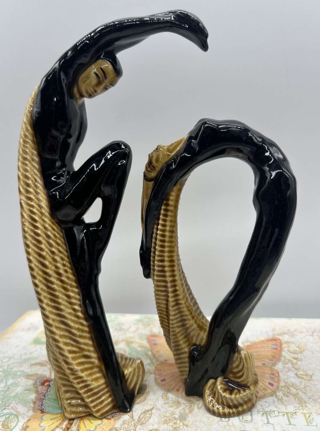 RARE 1950s Ceramic Arts Studio Adonis Aphrodite Figurines Black Gold Vintage MCM