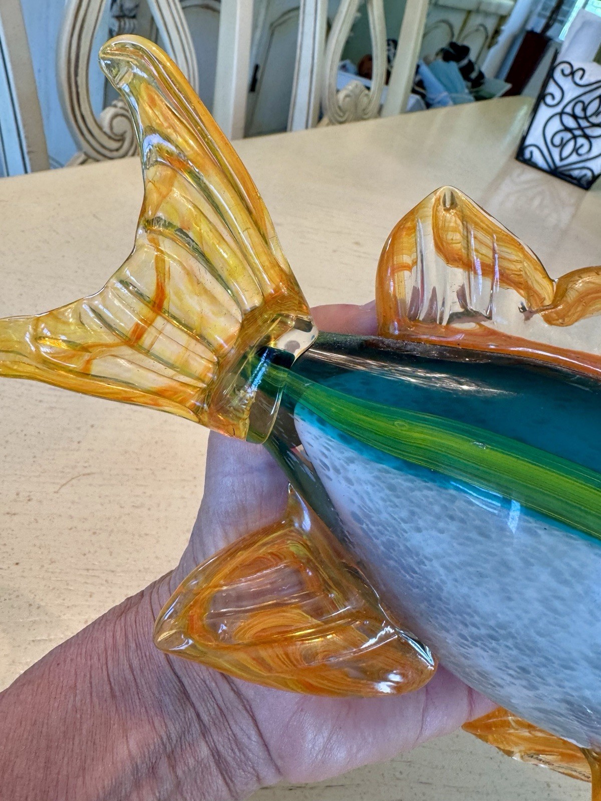 Large Hand Blown Art Glass Tropical Fish Sculpture 11” Murano Sty Amber Green Bl