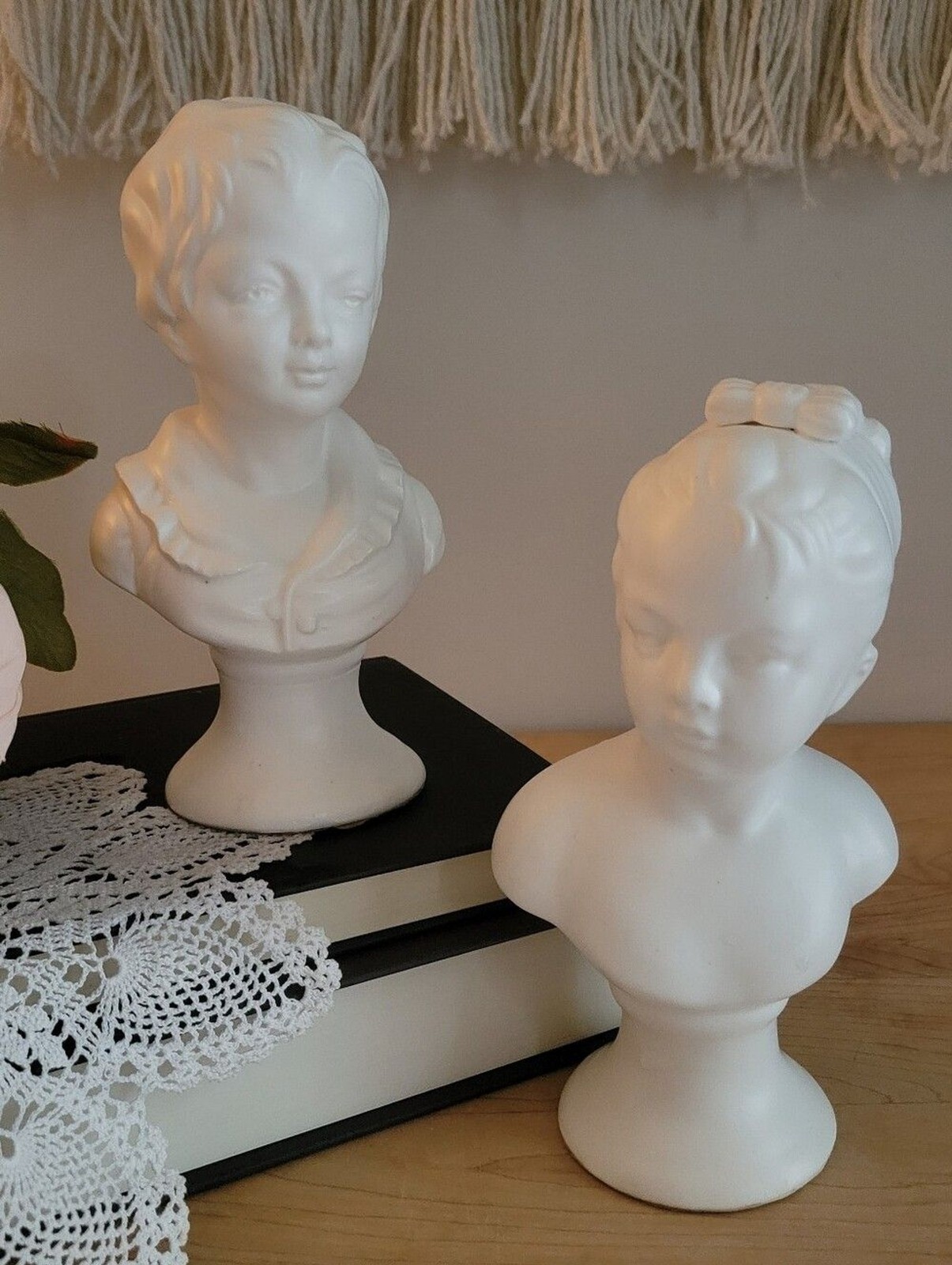 Vintage Napcoware White Porcelain Victorian Children Busts, Set of Two
