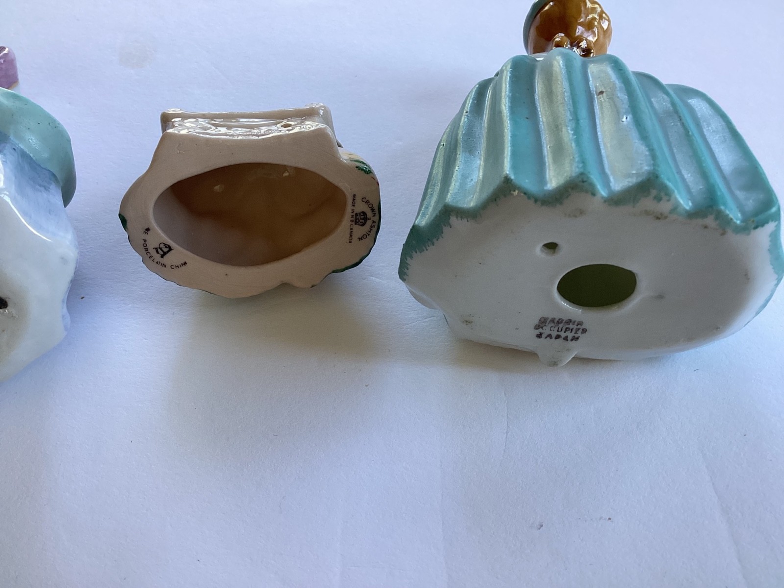 3 Porcelain Figurine Woman W/ Flowers 4 1/8” Tall Vintage Occupied Japan.