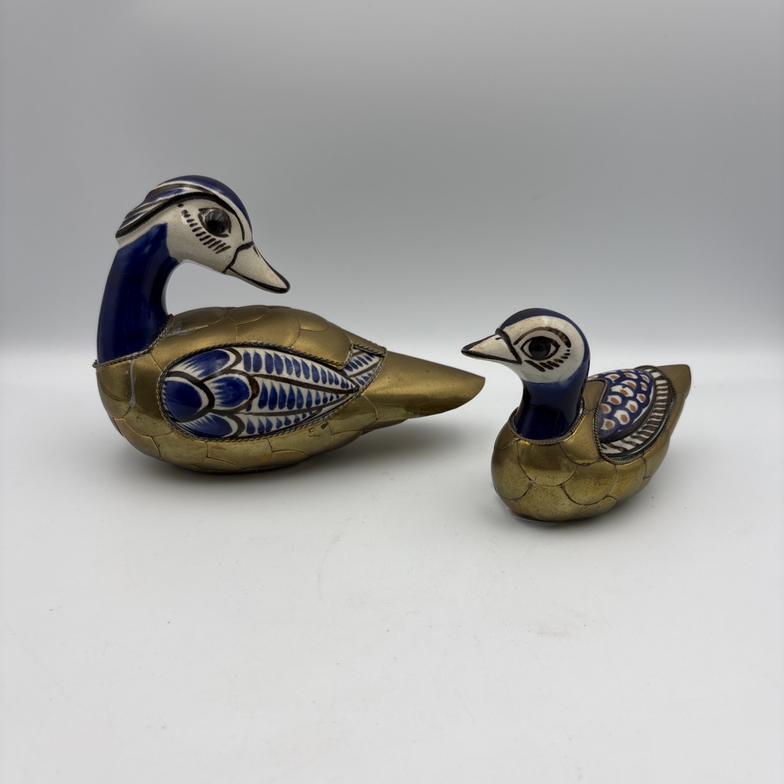Vintage Mexican Tonala Brass & Ceramic Ducks Figurines Home Office Decor Set 2