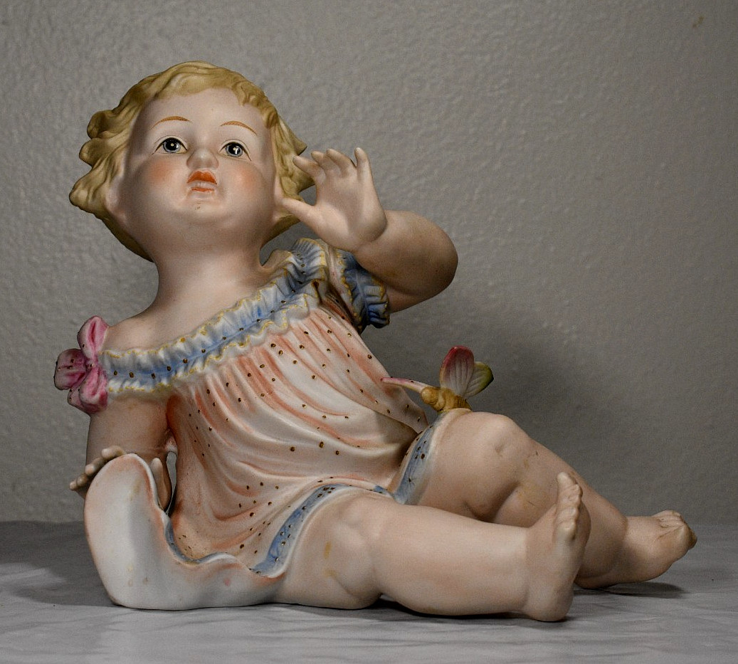 Mid-Century Andrea by Sadek Bisque Porcelain Piano Baby Figurine Girl Butterfly