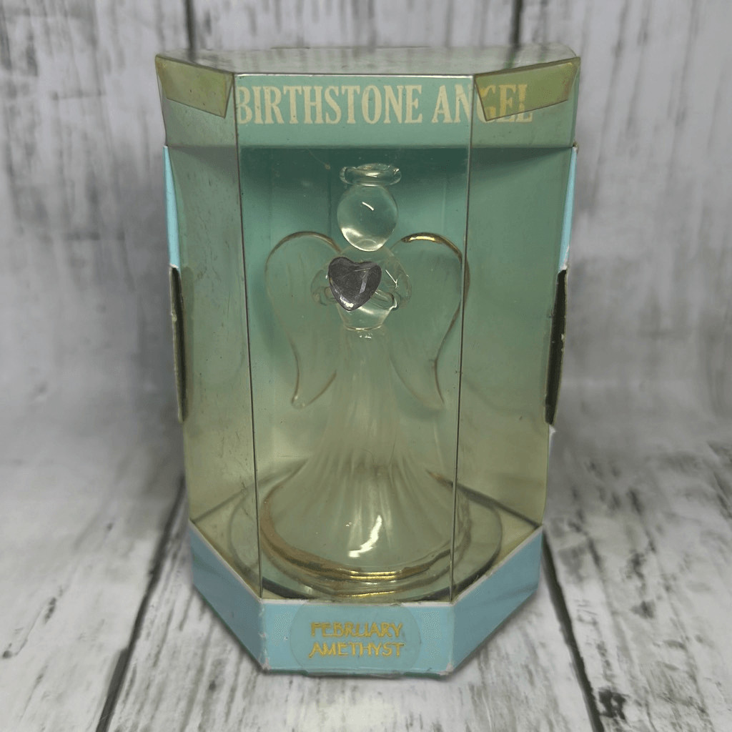 Glass Birthstone Angel Holding A Purple Heart February Amethyst