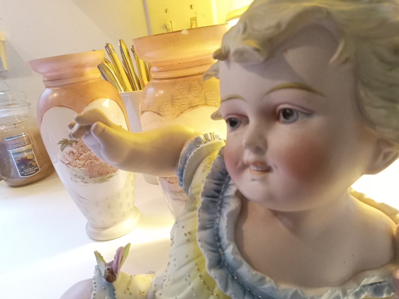 Antique Conta&Boehme BISQUE Porcelain PIANO Baby Figurine GIRL With Butterflies