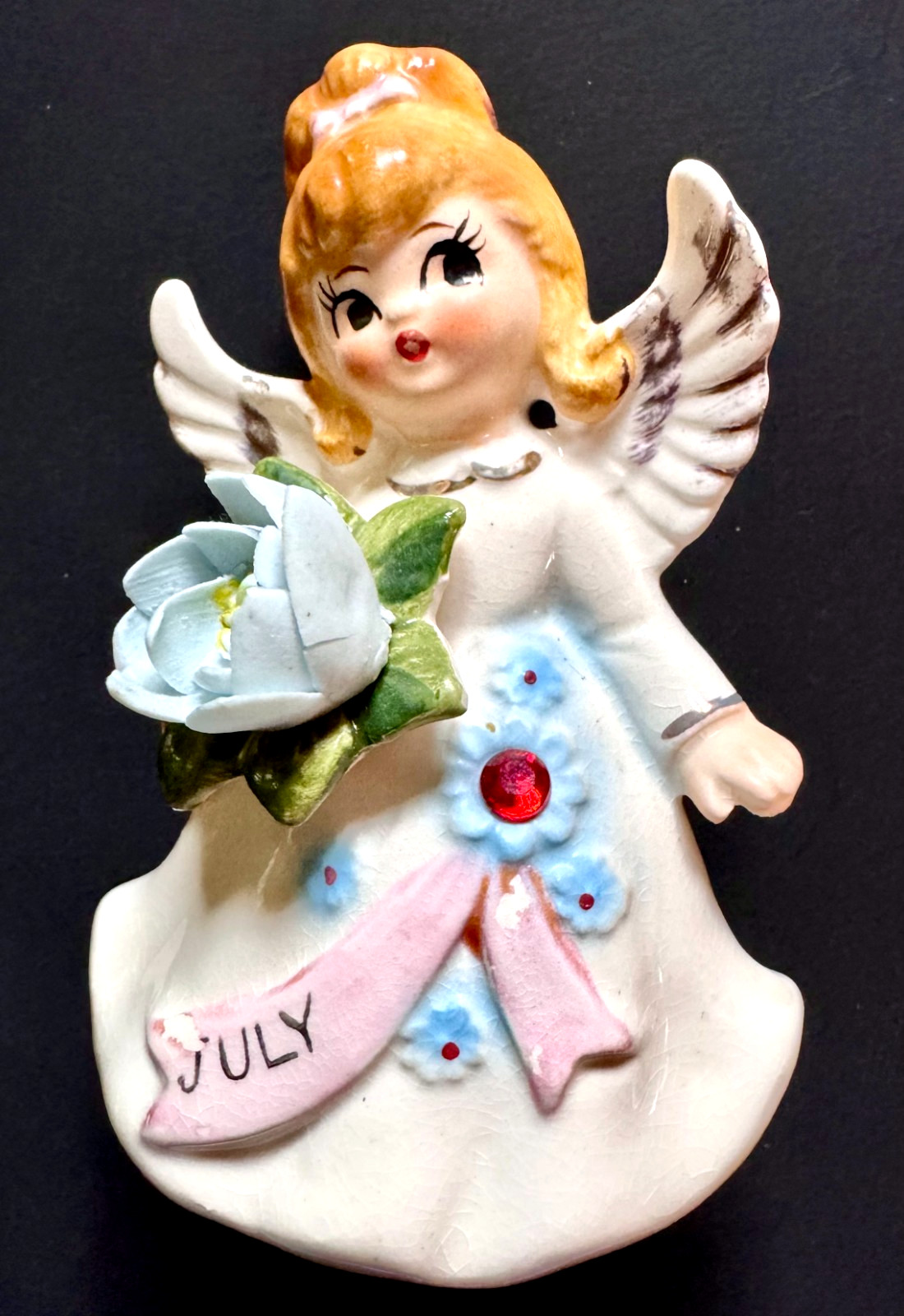 VTG 1950s Lefton Ceramic July B-Day Angel w/Red Stone & Blue Flower #6224 Japan