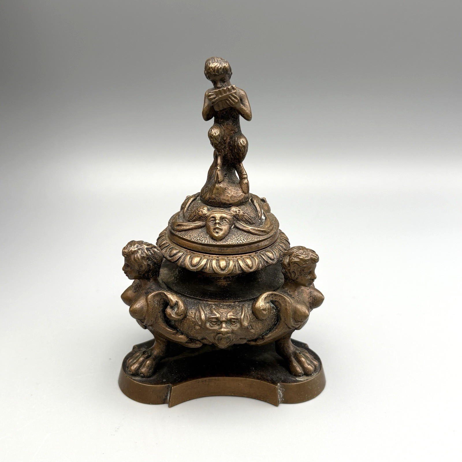 Antique French Bronze Inkwell Figured Faun Winged Satyr Griffon Sphinx 1800s