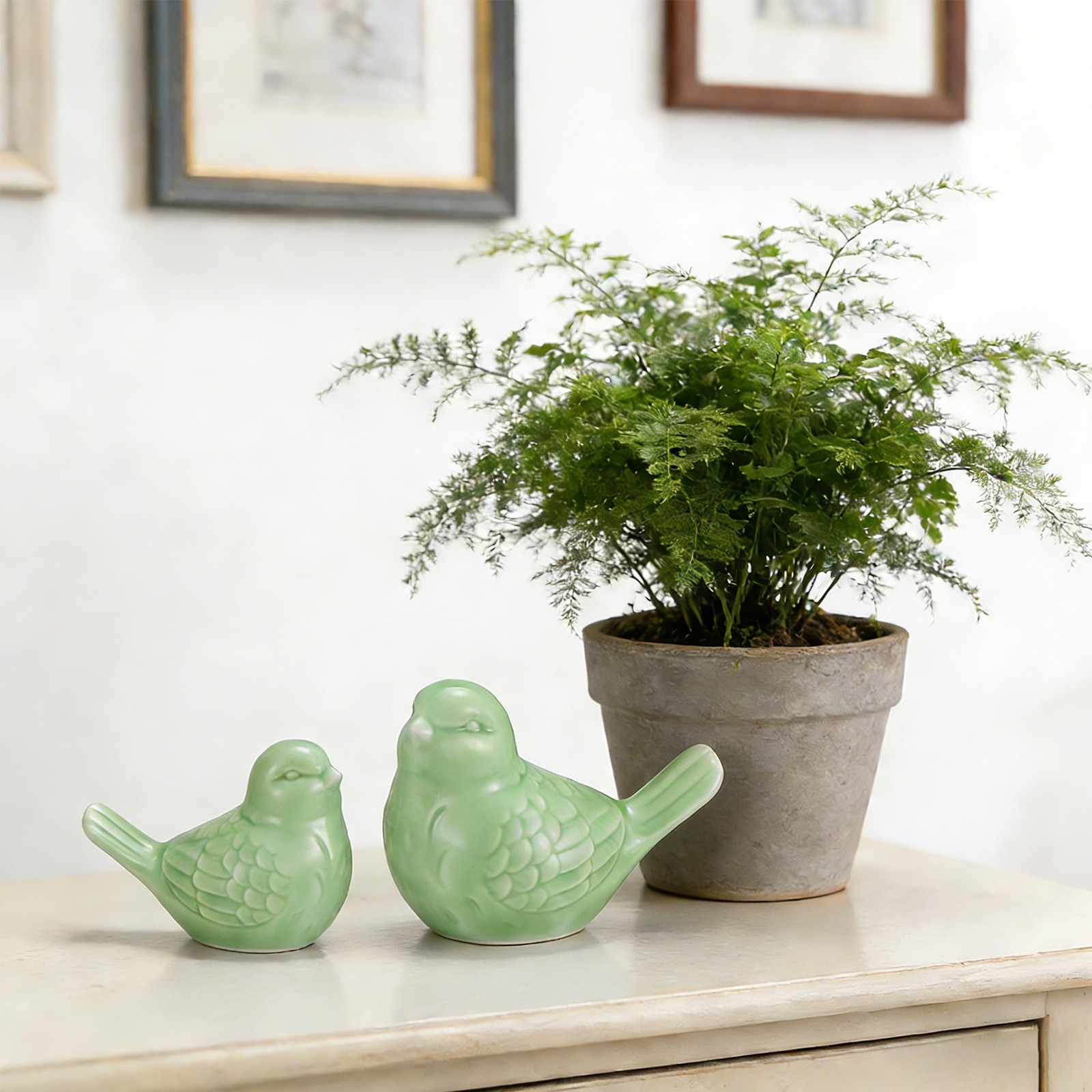 2Pcs Ceramic Birds Figurines, 3.9 Inch and 3.2 Inch Bird Figurine Statue, Green