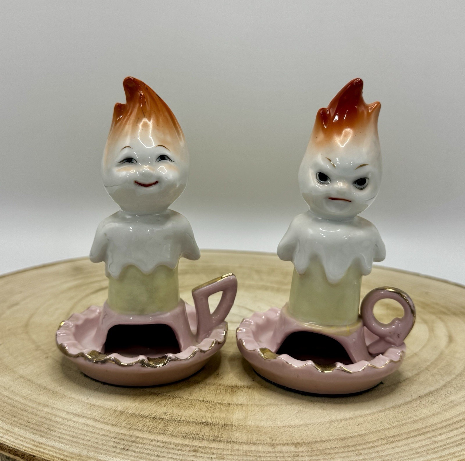 RARE HTF PAIR Vtg Ucago Anthropomorphic Flame Candle Ashtray Japan Kitschy CUTE!