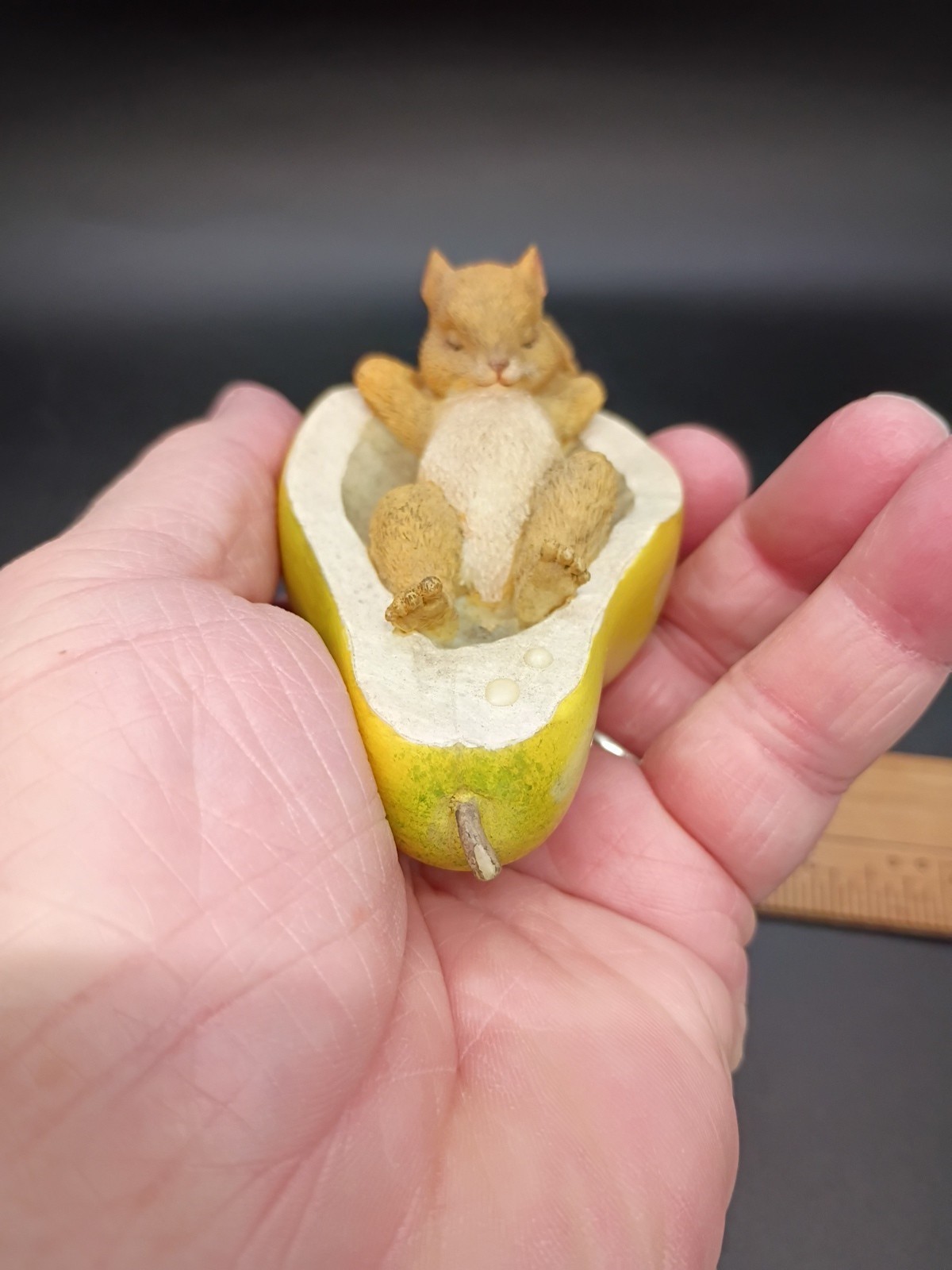 Squirrel Sleeping In Half A Pear Figurine 3.5*Long By 1.75″ Wide By 2″ Tall