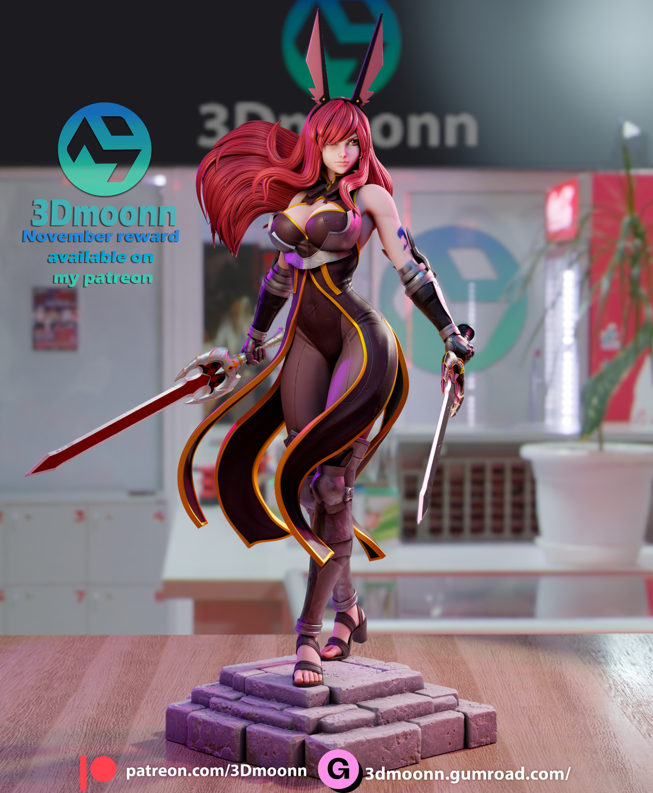 Erza Scarlet | Twin‑Blade Bunny Warrior Edition | UNPAINTED | 1/6 Scale Resin