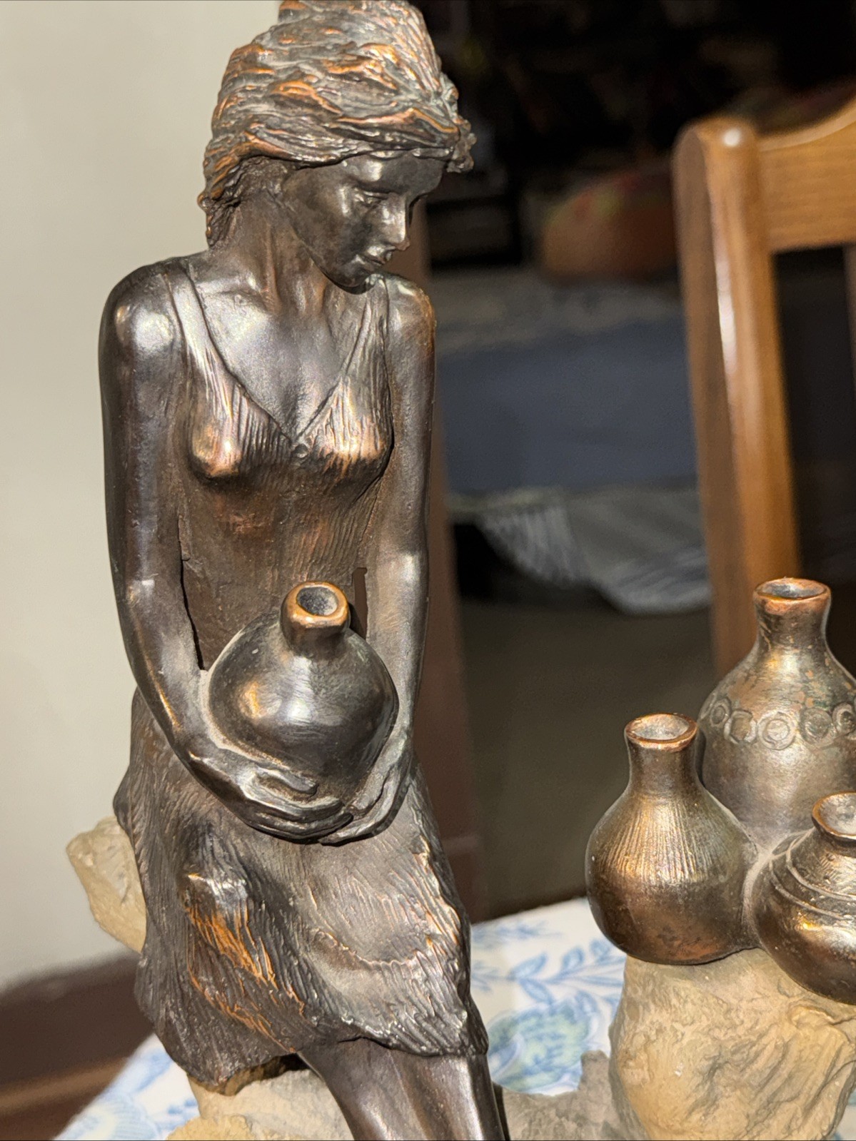 Vintage Bronze sculpture of a young girl who sits On a Tree Stump By-Gabriel