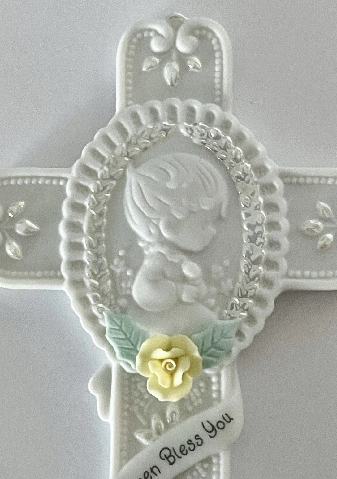 PRECIOUS MOMENTS PORCELAIN CHRISTENING BABY CROSS HANGING ORNAMENT ~ 159247 NEW