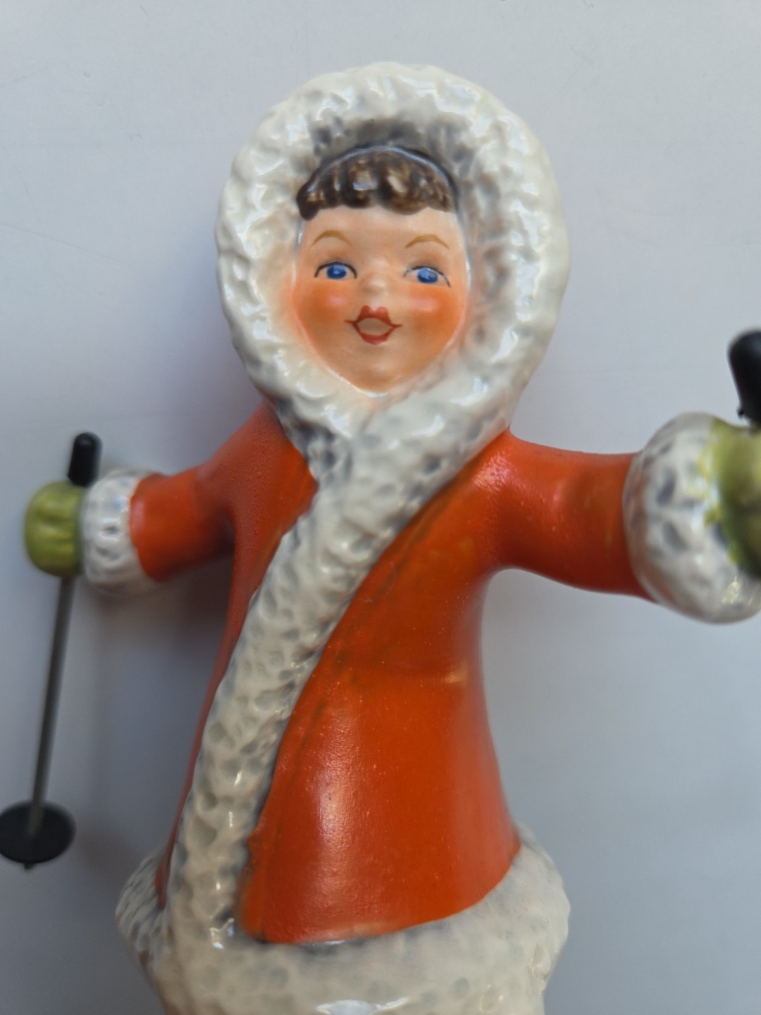 Vintage Goebel Snow Skier 11 701 Winter Girl TMK4 1972-1979 Metal Poles Red Coat