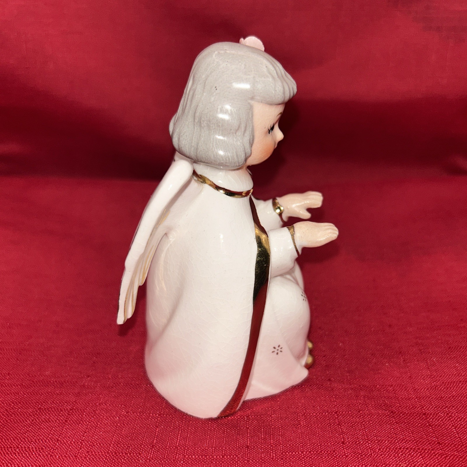 Vtg Fine A Quality Christmas Angel Playing Gold PIPE ORGAN Pink Rosette