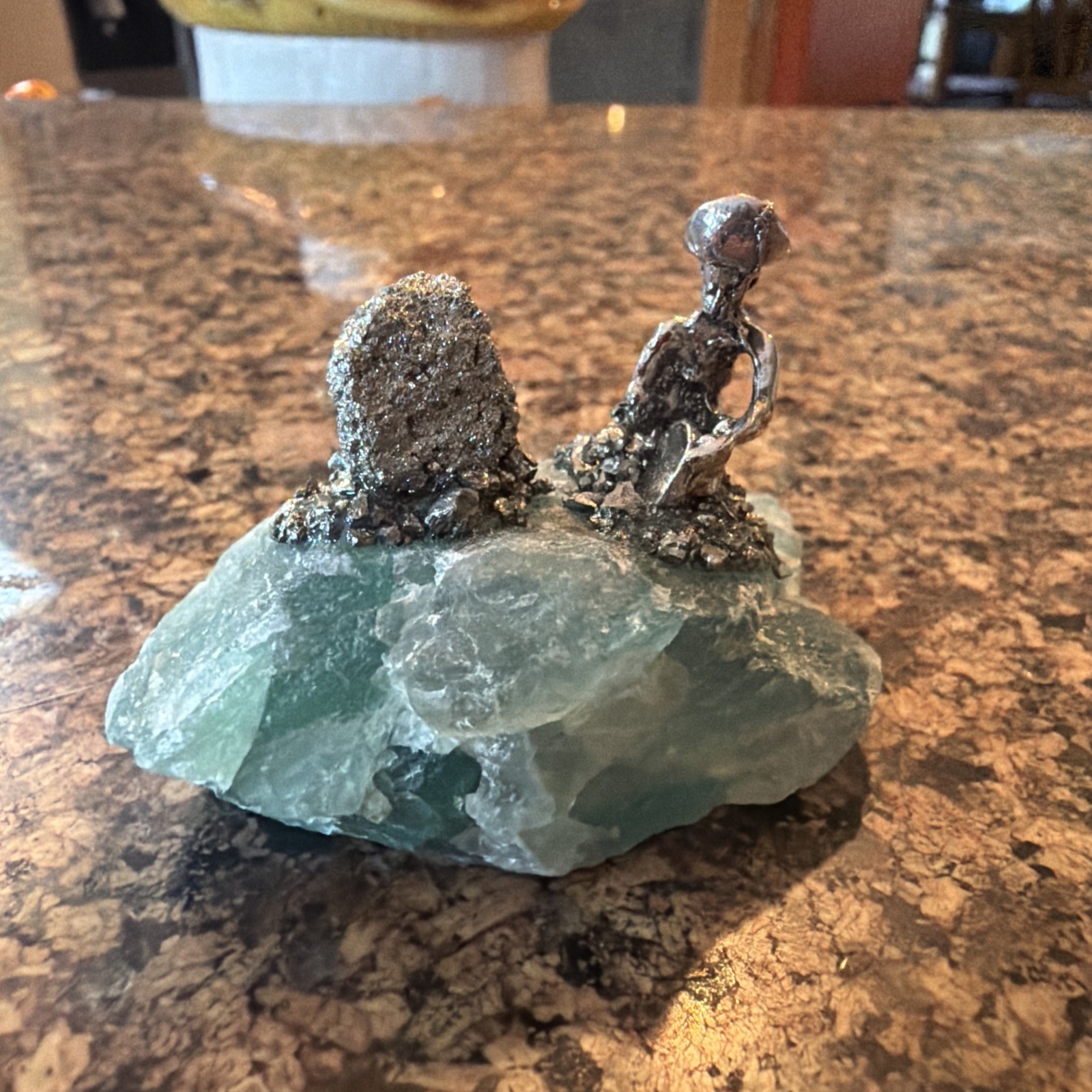 Miner Metal Figurine Sculpture fluorite Stone Base