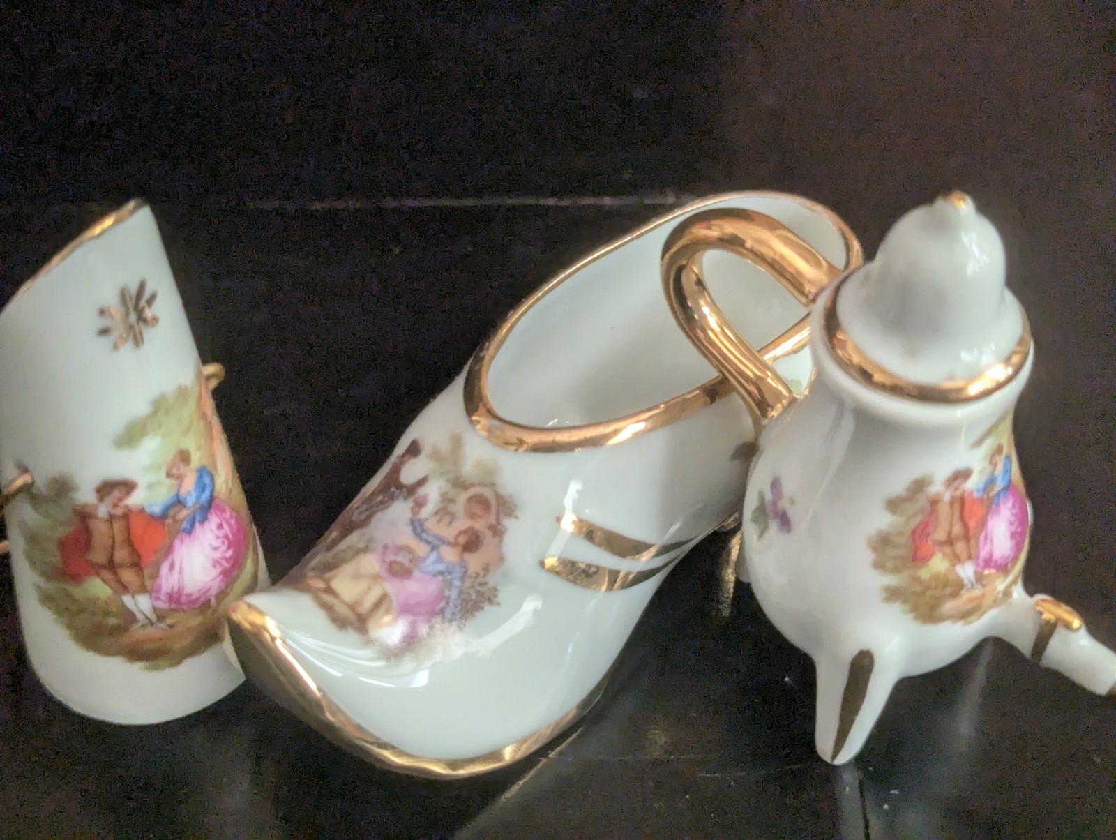 Lot Vtg Limoges France Porcelain Miniature Courting Couple Rococo Shoe Vase Tea