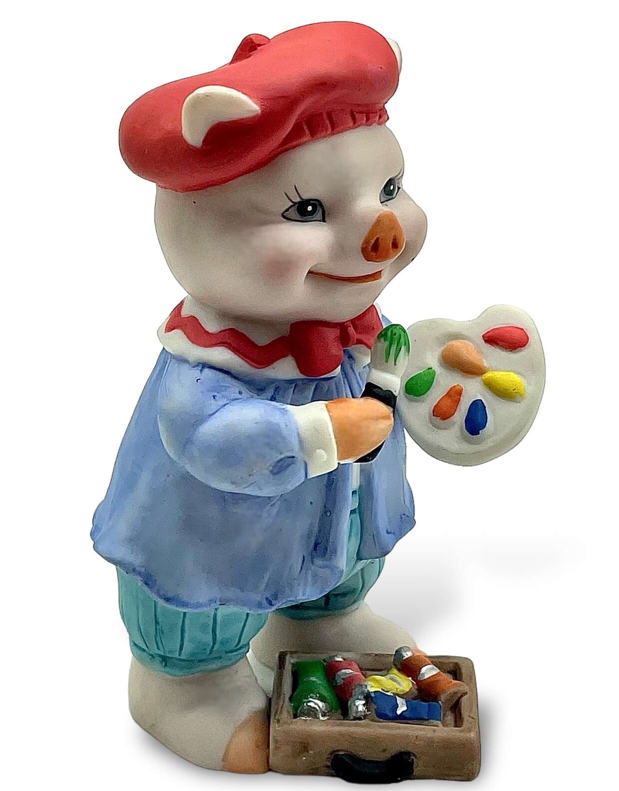 Vintage PIG TALES Figurine Bisque Porcelain Artist Paints Art Brushes Beret